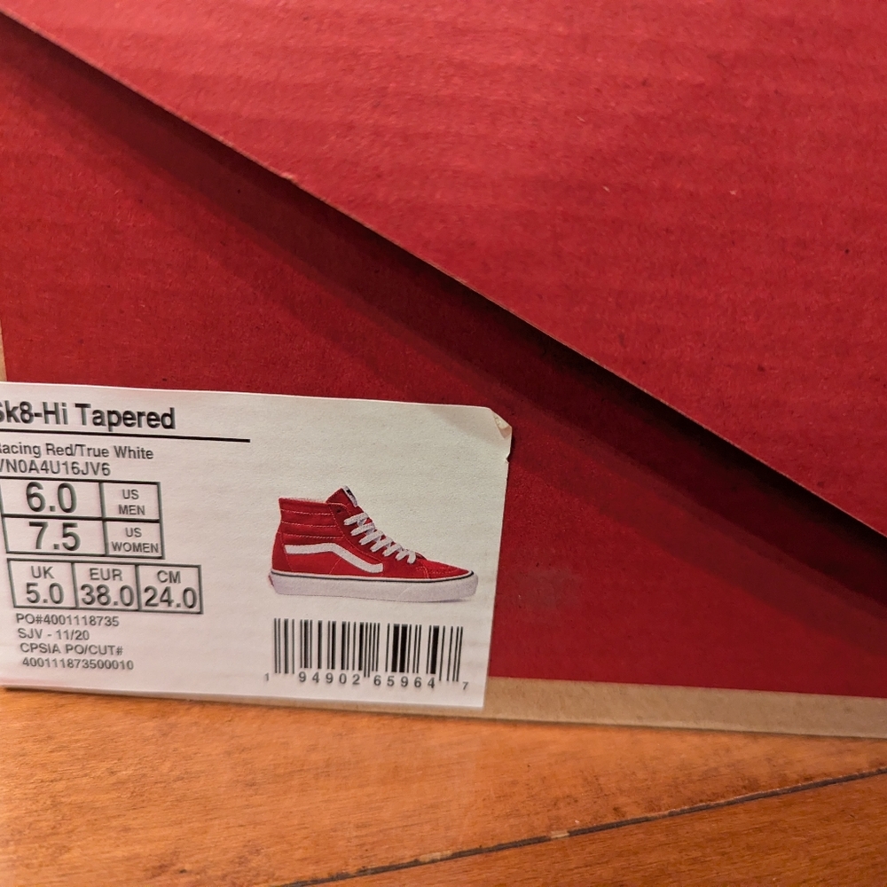 NIB Vans Sk8-Hi Tapered Racing Red / True White Sneakers US Men 6 Women 7.5 - Picture 3 of 8